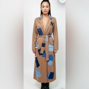 Custom upcycled Patchwork Trench Coat with Denim Accents size S